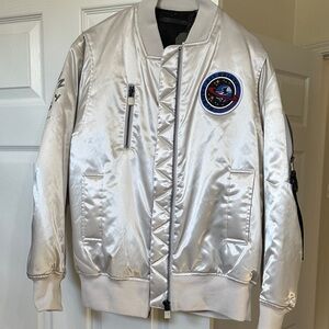 AllSaints Women’s Silver Echo Bomber Jacket with Space Patch US S NWT